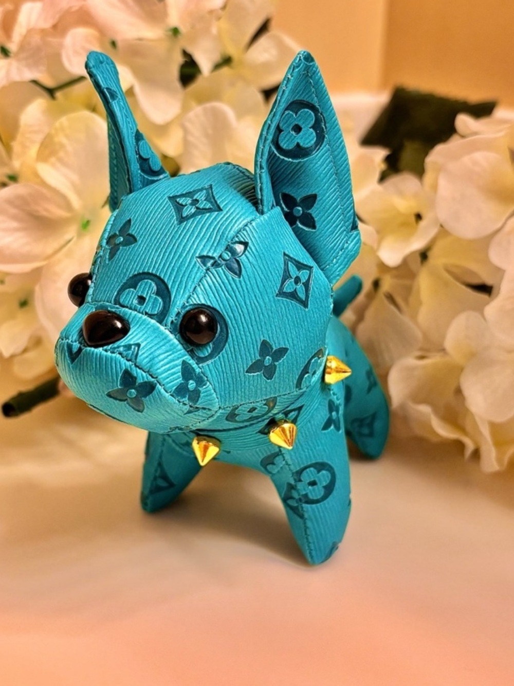 Bag Charm/Key Fob adorable Turquoise Frenchie Dog with spiked collar! - Picture 2 of 6